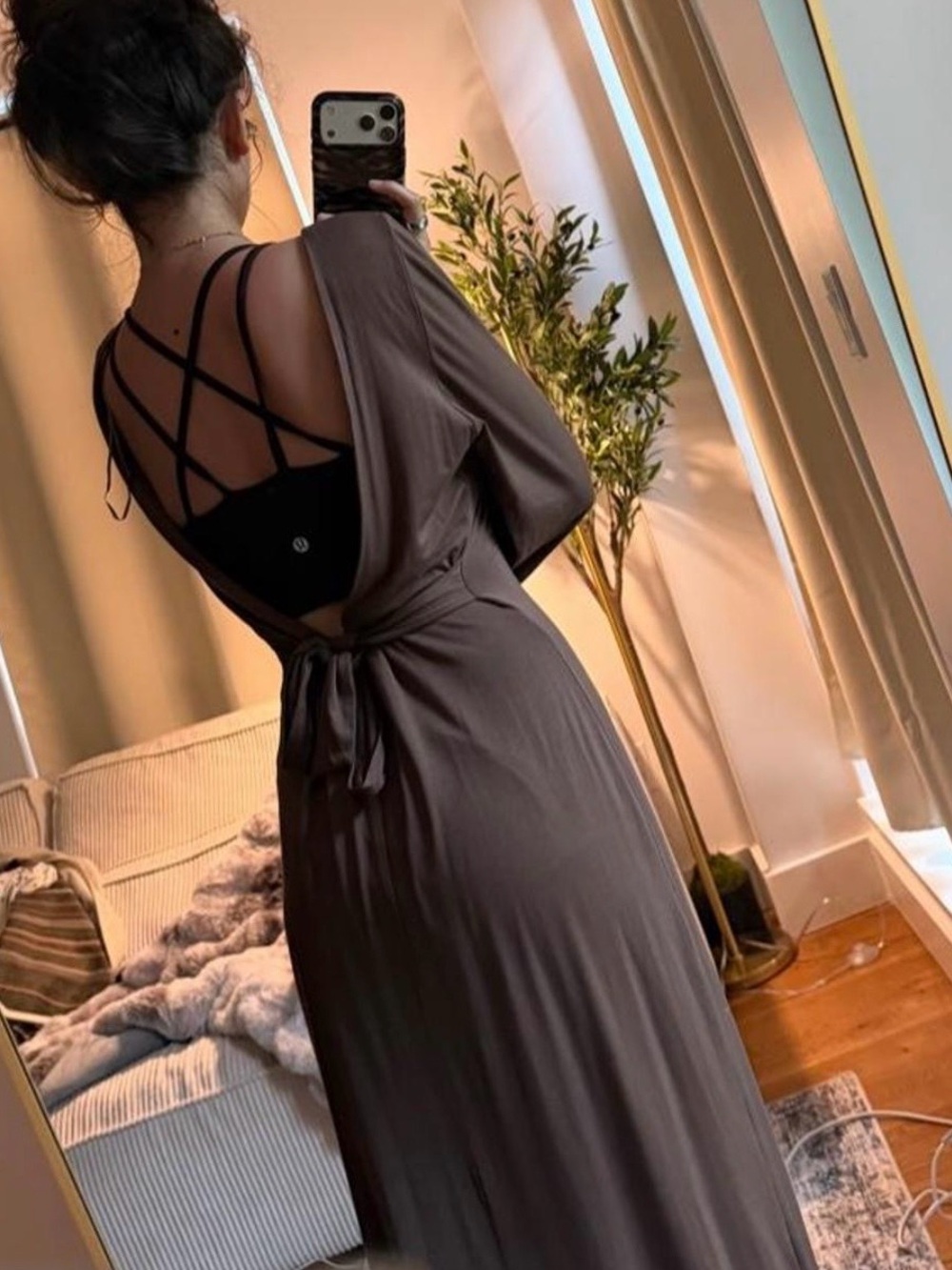 Backless Taupe Wrap Maxi Dress with Tie Waist